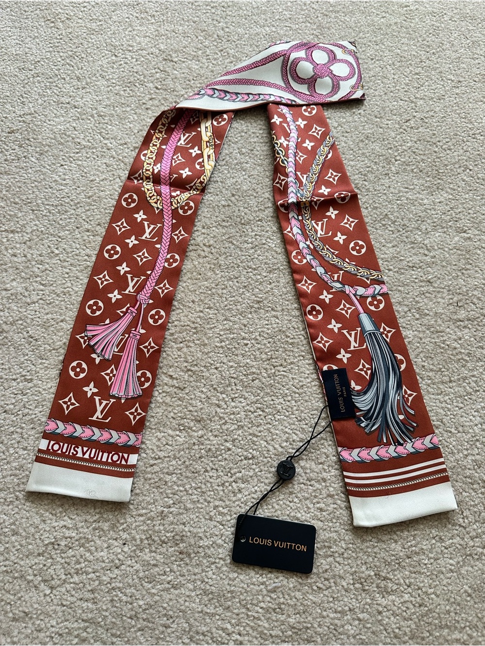 Louis Vuitton Brown & Pink Monogram Silk Twilly with Tassel Motifs